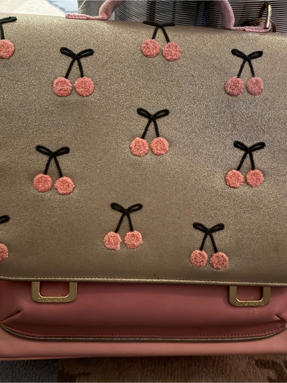 Kids Cherry-Embroidered Pink and Gold Backpack